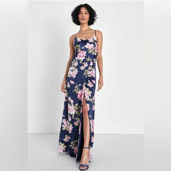 Lulus Love of Romance Navy Floral Print Satin Cowl Neck Maxi Dress - Picture 1 of 3